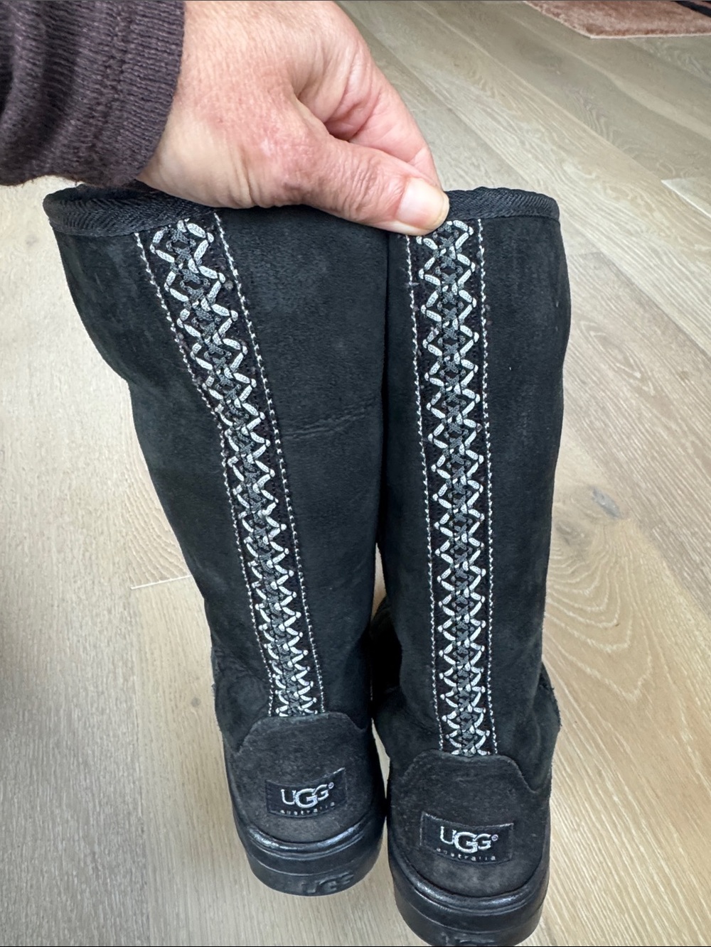 UGG Black Suede Tall Boots with Silver Braided Back Trim